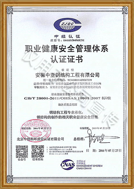 職業(yè)健康安全管理體系認(rèn)證證書(shū)